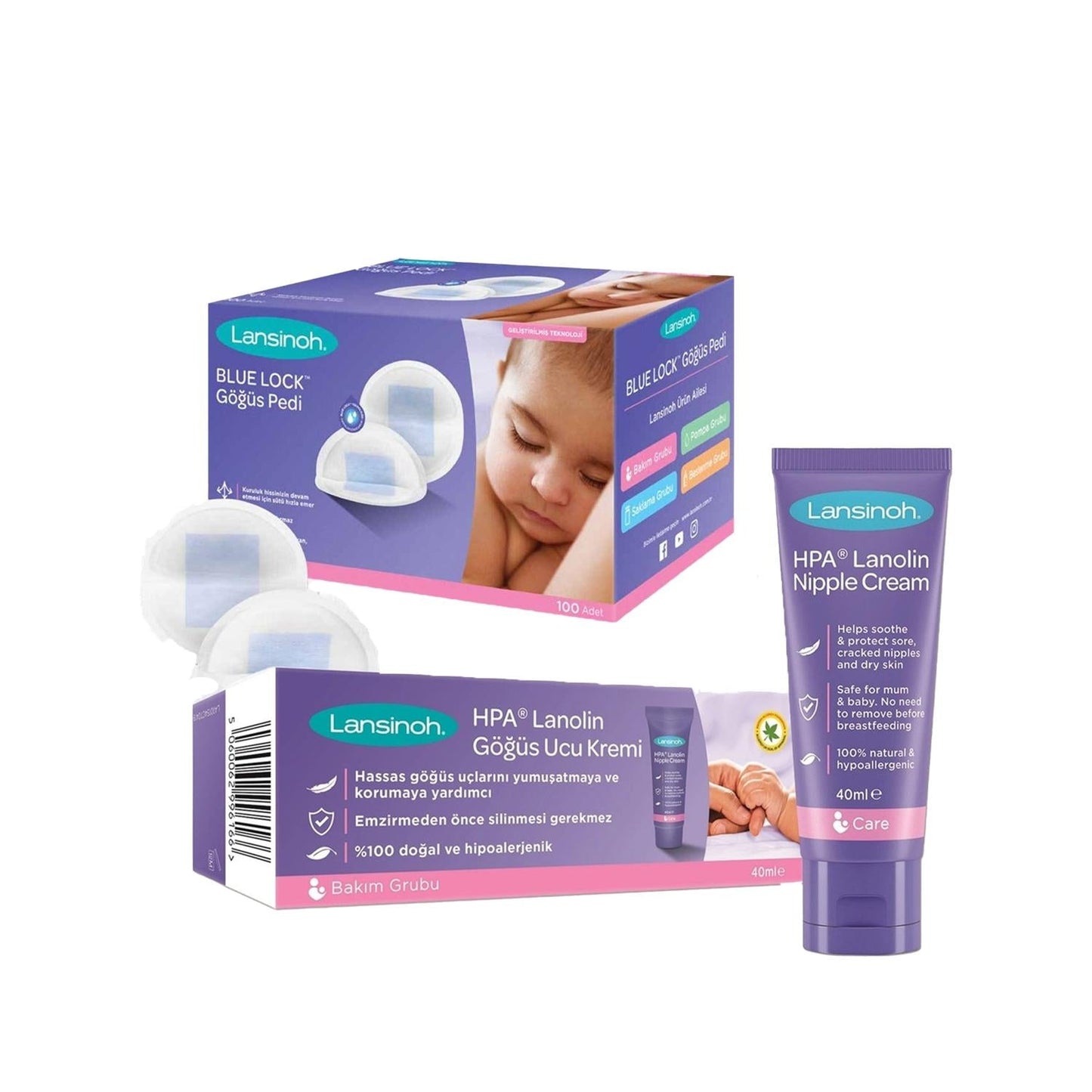 Lansinoh Nursing Cream and Breast Pads Set - Soothe Sore Nipples & Absorb Leakage with Lansinoh Nipple Cream 40ml & Blue Lock Breast Pads 100pcs