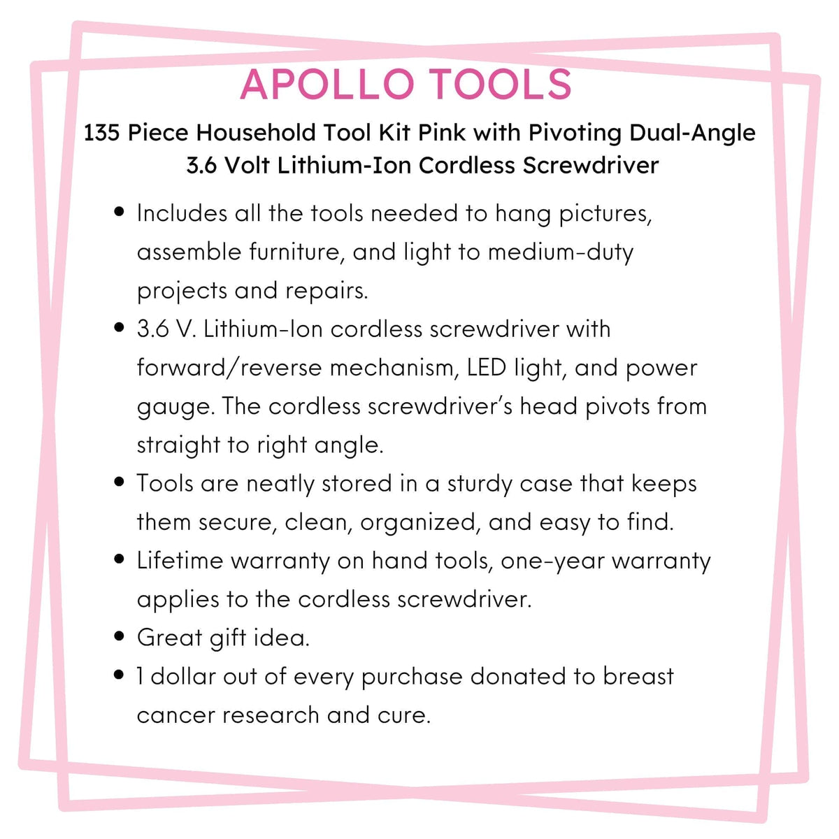 New and Improved 135 Piece Pink Household Tool Set with Pivoting Dual-Angle 3.6 Volt Lithium-Ion Cordless Screwdriver in Hard Case - DT0774P