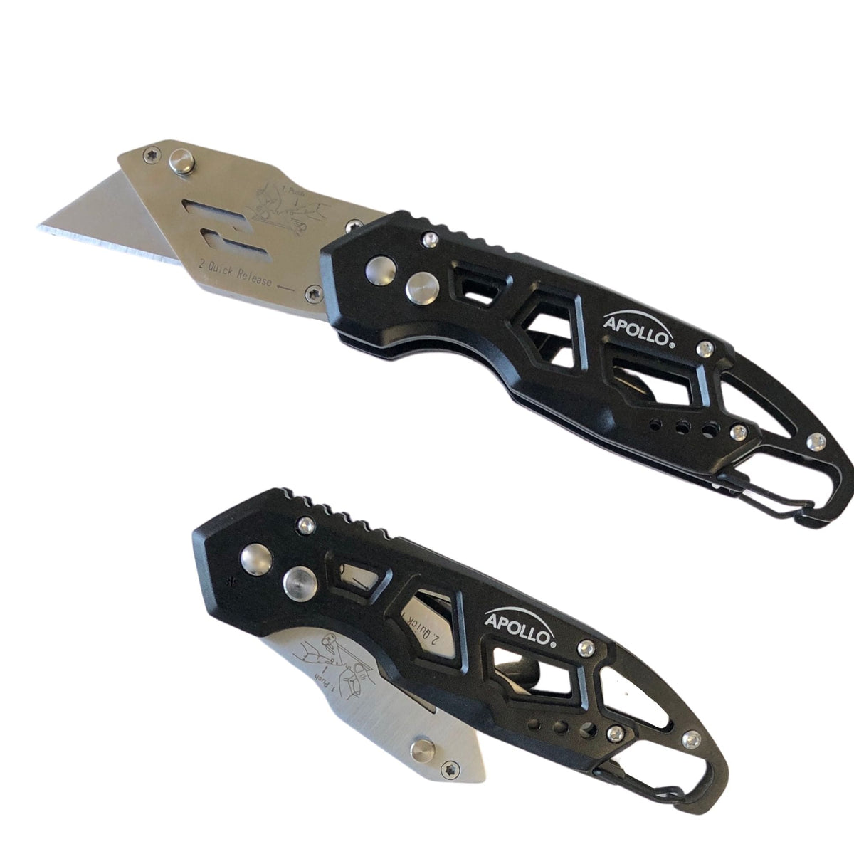Ergonomic Stainless Steel, Lightweight, Foldable Black Utility Knife with Carabiner Clip and Fast-Change Blade - DT5017