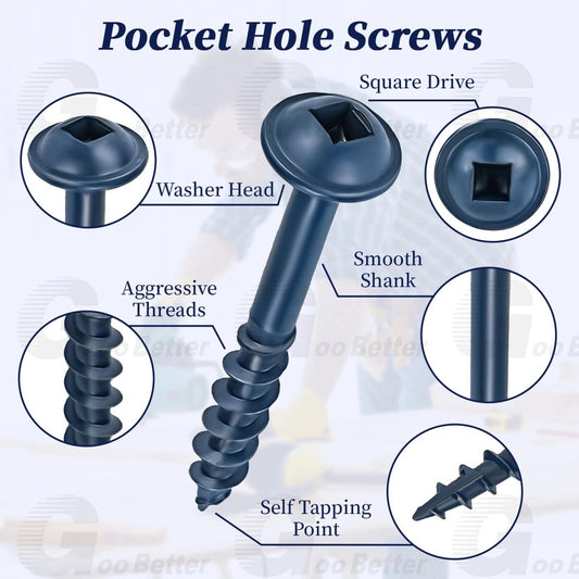 #8 Pocket Hole Screws Exterior Pocket Screw Coarse Thread Square Drive Washer Head Blue Coated With 100MM Drive Bit