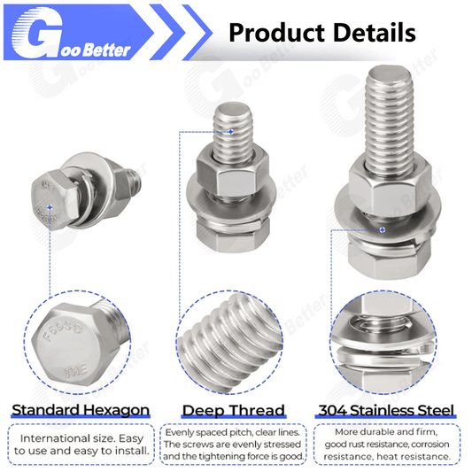 64Pcs 1/4''-20 Hex Head Bolts And Nut & Washer Assortment Kit 304 Stainless Steel