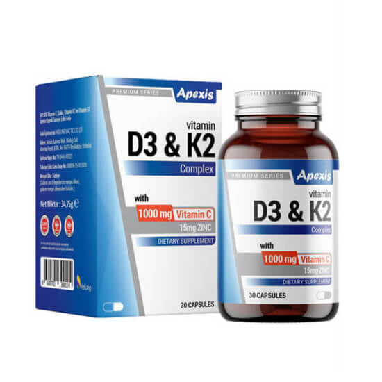 Apexis Vitamin D3 K2 & C 1000 mg Daily Supplement 30 Capsules