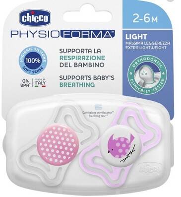 Chicco Physio Light Lightweight Pink Pacifiers 2-6M 2-Pack