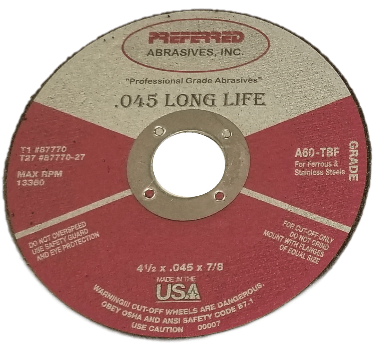 Preferred Abrasives Reinforced Cut-Off Wheel A60-TBF Type 1 Grit 87770