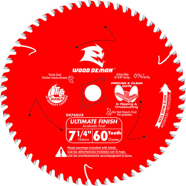 Diablo D0760UXA 7-¼ 60-Teeth Wood Demon™ Ultimate Finish Carbide Saw Blade for Wood
