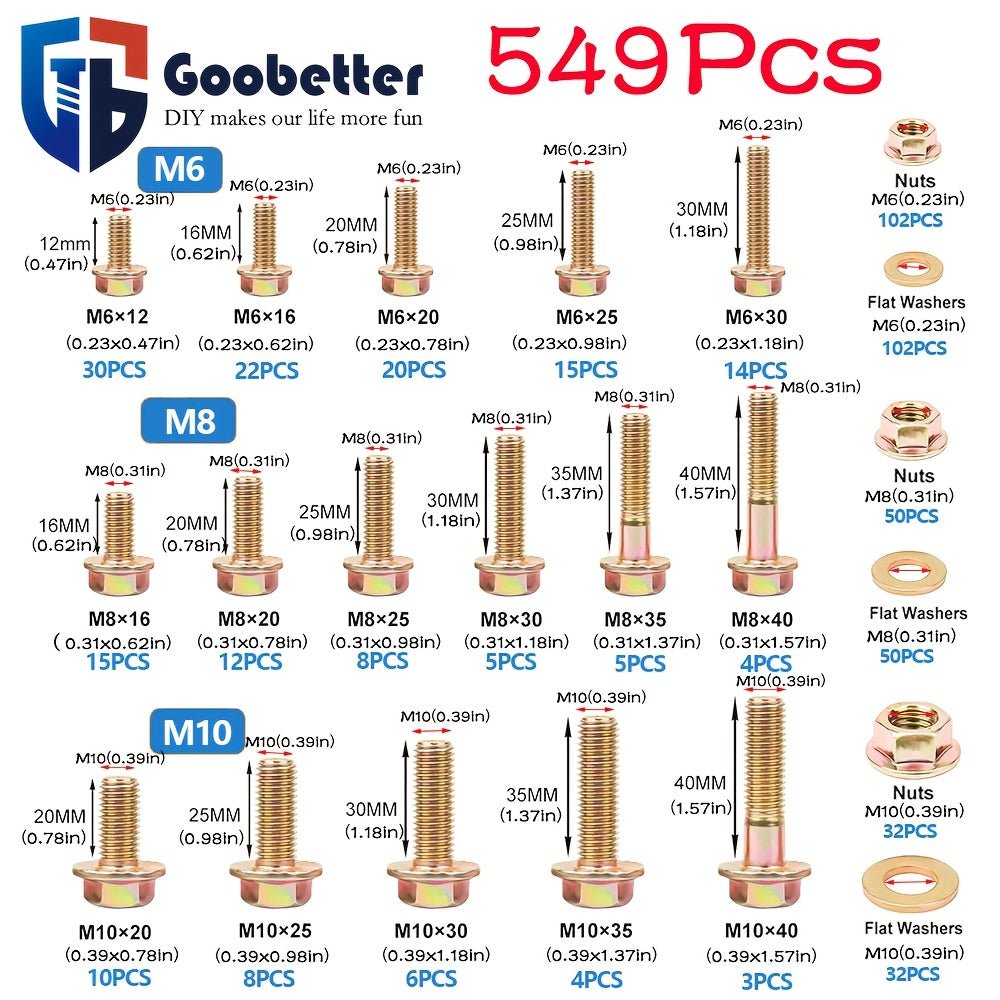 M6/M8/M10 Flange Bolt Kit (549PCS) | Hex Bolts, Nuts & Washers