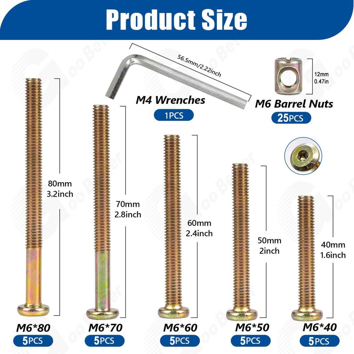 M6 Furniture Bolts & Barrel Nuts Kit 51-Piece – Hex Socket Screws with Allen Key for Bed Frames & Flat-Pack Furniture