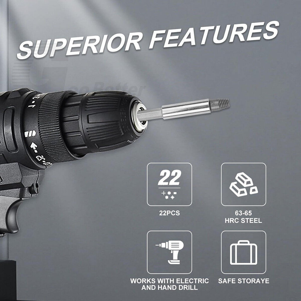 22Pcs Damaged Screw Extractor Speed Out Drill Bits Tool Set Broken Bolt Remover