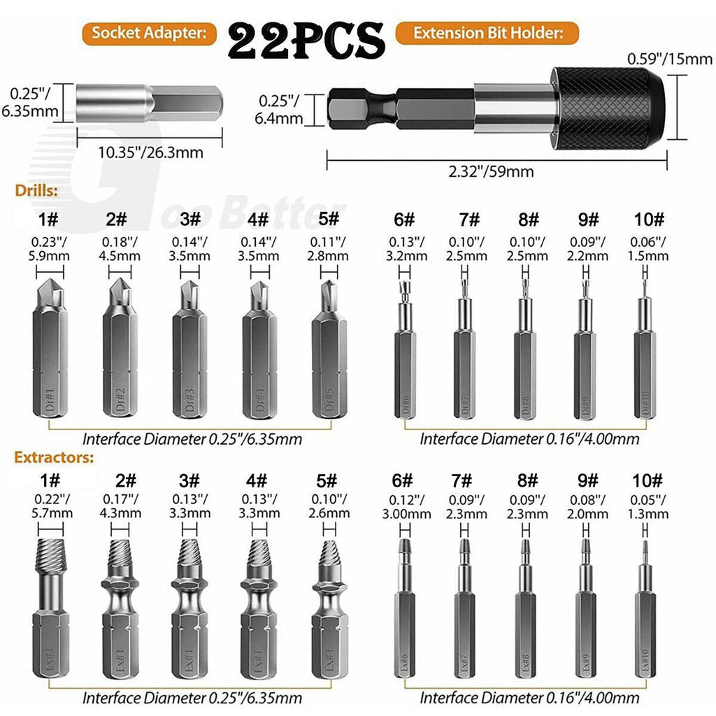 22Pcs Damaged Screw Extractor Speed Out Drill Bits Tool Set Broken Bolt Remover