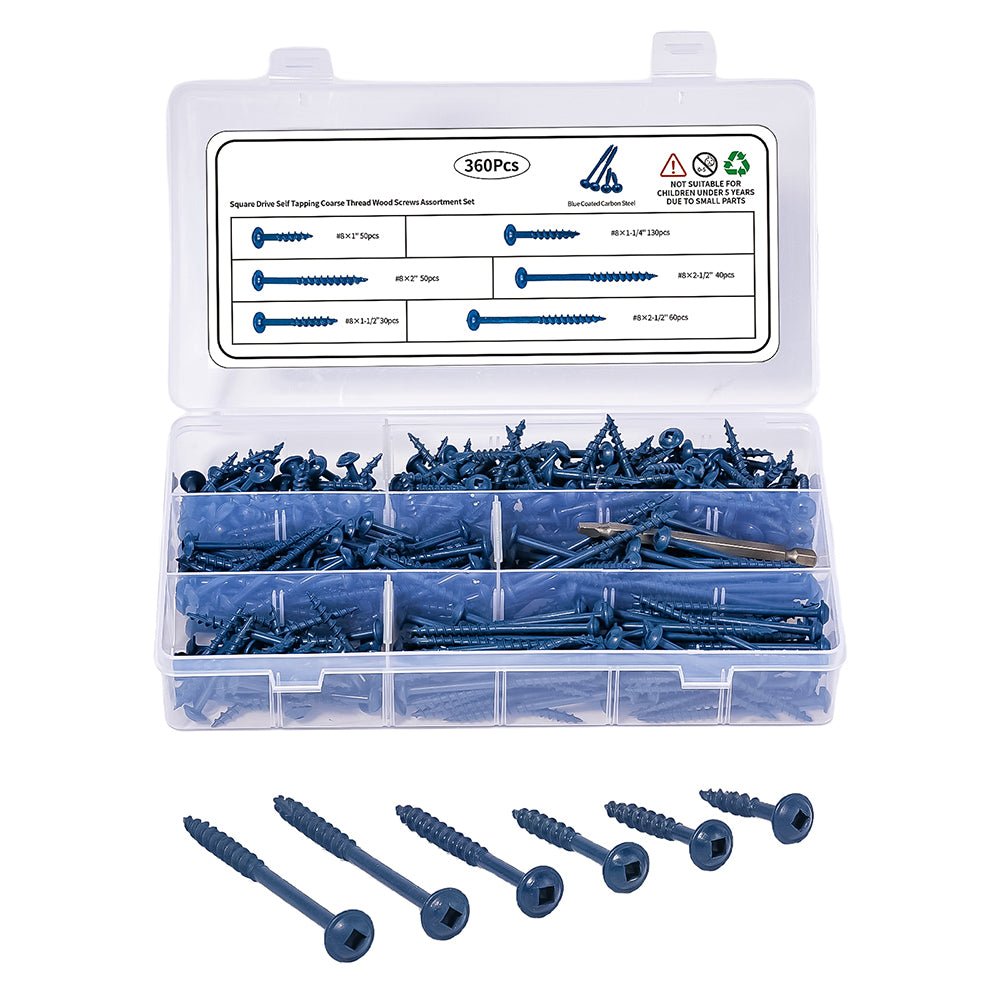 360 Pcs Blue Square Drive Self Tapping Coarse Thread Wood Screws Assortment Set