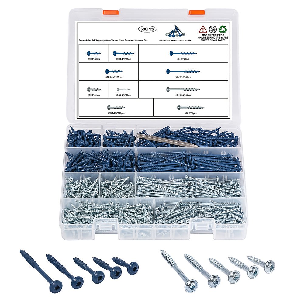 680 PCS Pocket Hole Screws Assortment Kit, 5 Sizes #8 x 1, 1-1/4", 1-1/2", 2", 2-1/2",Square Drive Self Tapping Coarse Thread Wood Screws Set, Blue Coated and Zinc Coated, Drive Bit Included