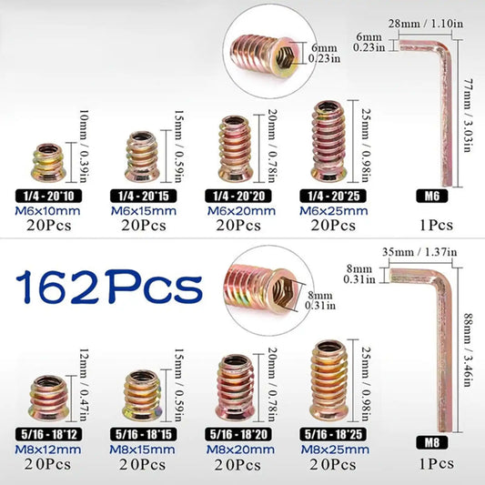 162Pcs Threaded Wood Inserts Kit - Carbon Steel Zinc Plated Furniture Nuts