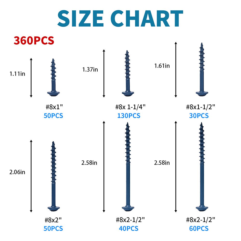 360 Pcs Blue Square Drive Self Tapping Coarse Thread Wood Screws Assortment Set