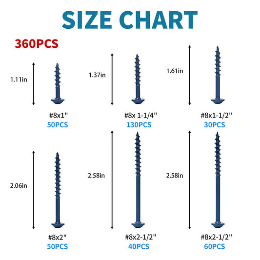 360 Pcs Blue Square Drive Self Tapping Coarse Thread Wood Screws Assortment Set