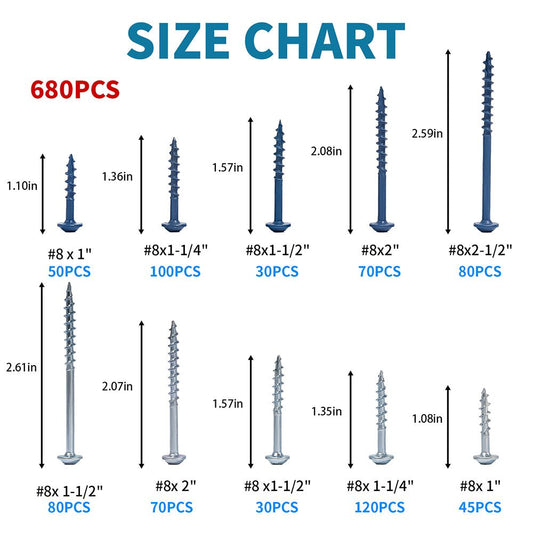 680 PCS Pocket Hole Screws Assortment Kit, 5 Sizes #8 x 1, 1-1/4", 1-1/2", 2", 2-1/2",Square Drive Self Tapping Coarse Thread Wood Screws Set, Blue Coated and Zinc Coated, Drive Bit Included