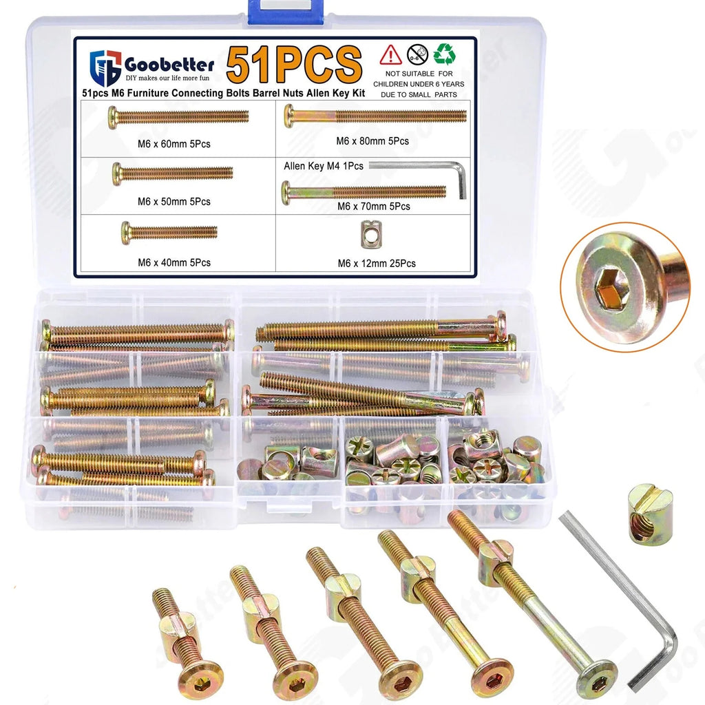 M6 Furniture Bolts & Barrel Nuts Kit 51-Piece – Hex Socket Screws with Allen Key for Bed Frames & Flat-Pack Furniture