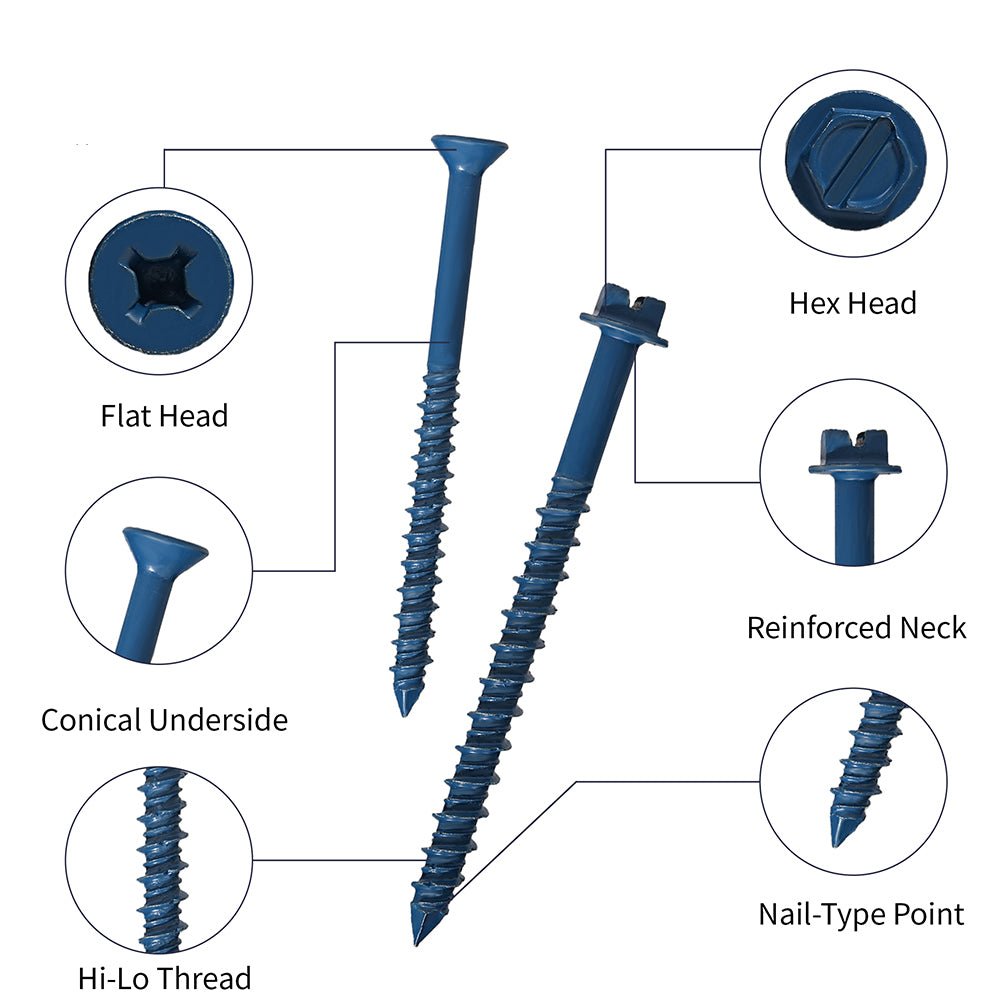 230Pcs Phillips Flat & Hex Washer Head Concrete Screws 1/4" & 3/16" Blue with Drill Bit