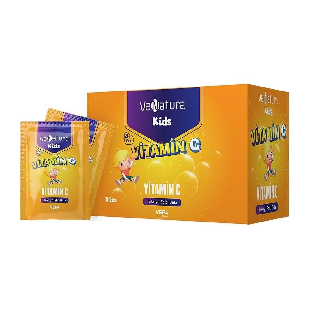 VeNatura Kids Vitamin C Supplement - 30 Sachets, Gluten-Free, Vegan, Supports Immune Function for Children Aged 4-10
