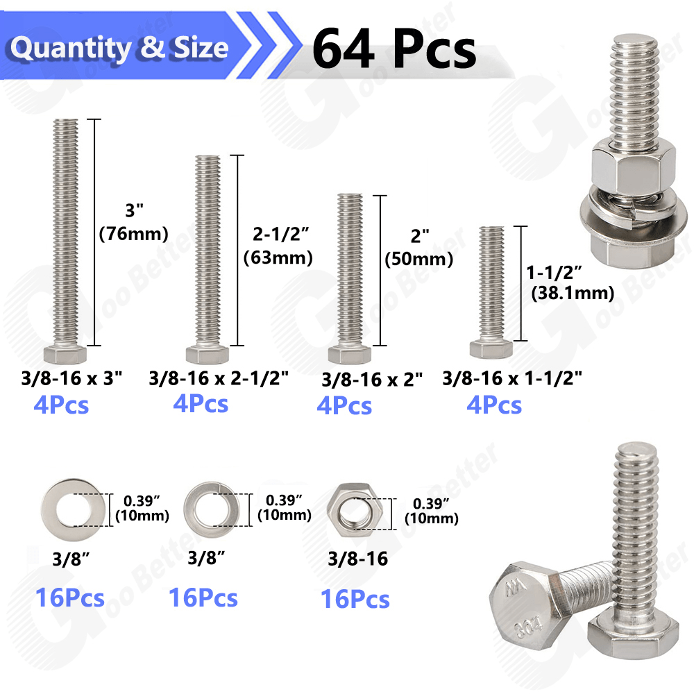 64Pcs 1/4''-20 Hex Head Bolts And Nut & Washer Assortment Kit 304 Stainless Steel