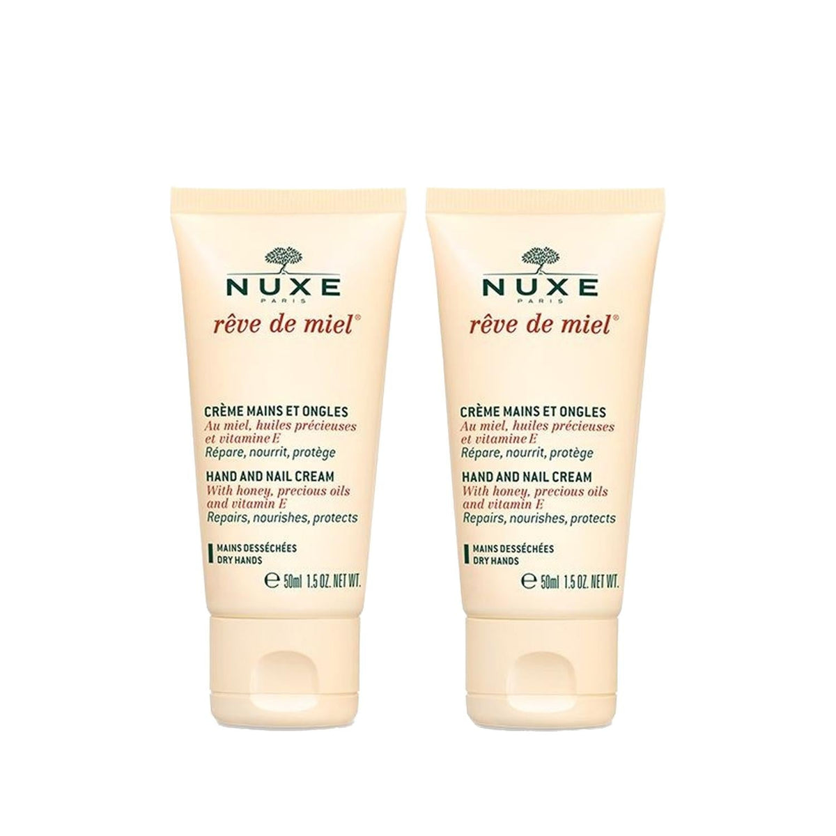 Nuxe Reve De Miel Hand and Nail Cream - Moisturizing Formula for Dry Hands and Nails, 2 x 50ml