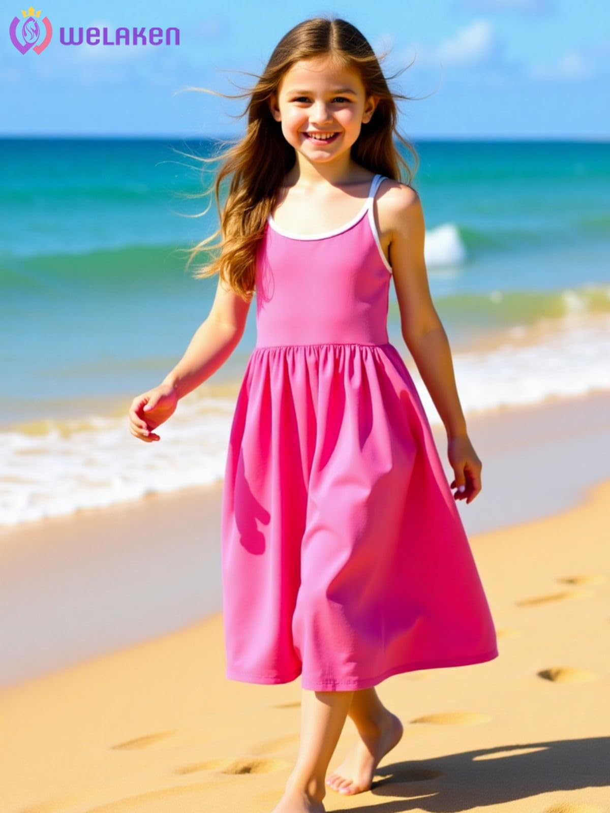 WELAKEN Girls Summer Sundress Criss Cross Back Elastic Waist Hot Pink Size 14Y
