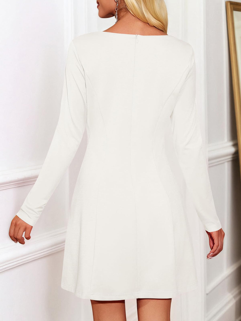 Wenrine Womens Long Sleeve Mini Dress Square Neck A Line White Size S
