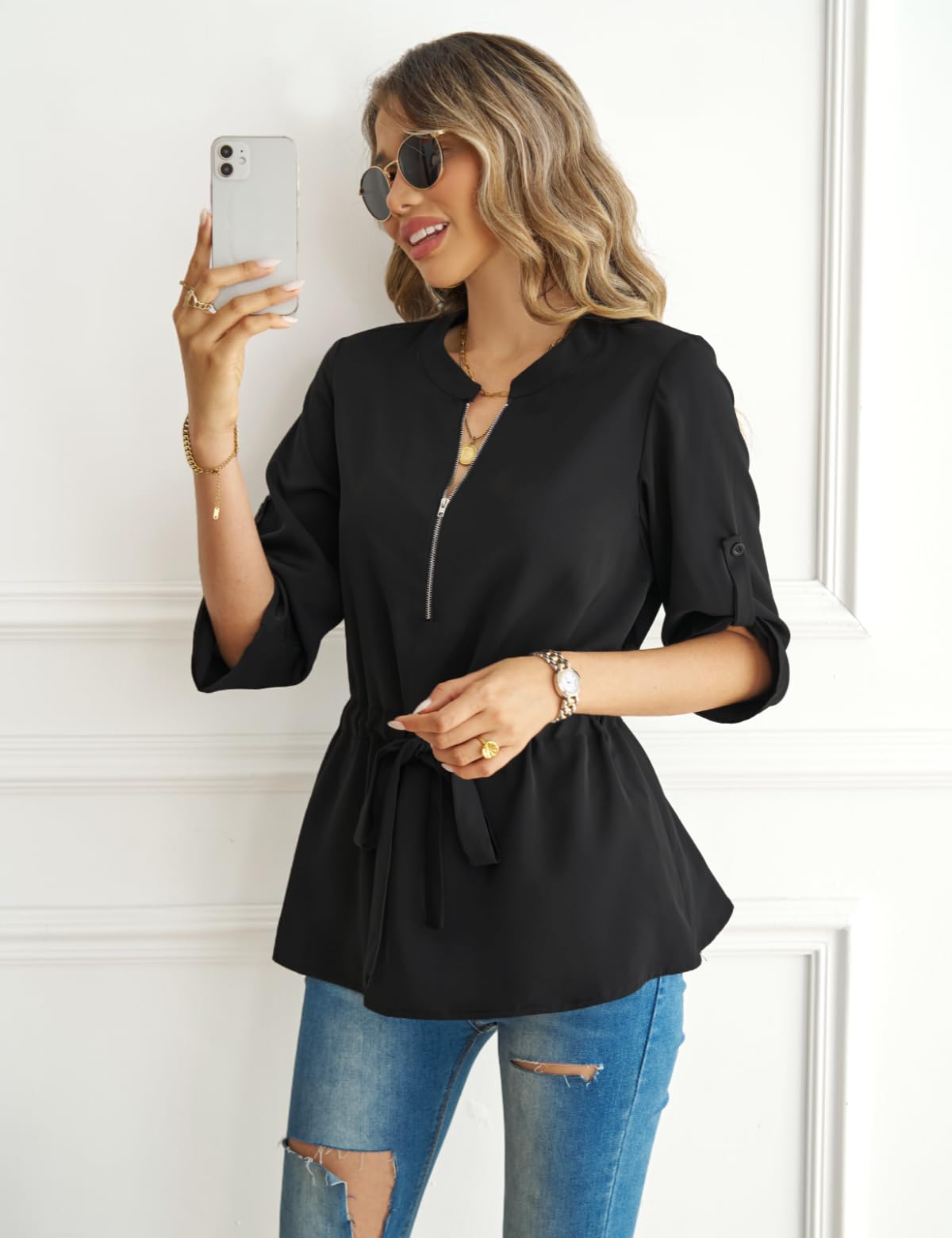 CiCiBird Womens Peplum Zip Blouse 3/4 Sleeve Work Shirt Black Size L