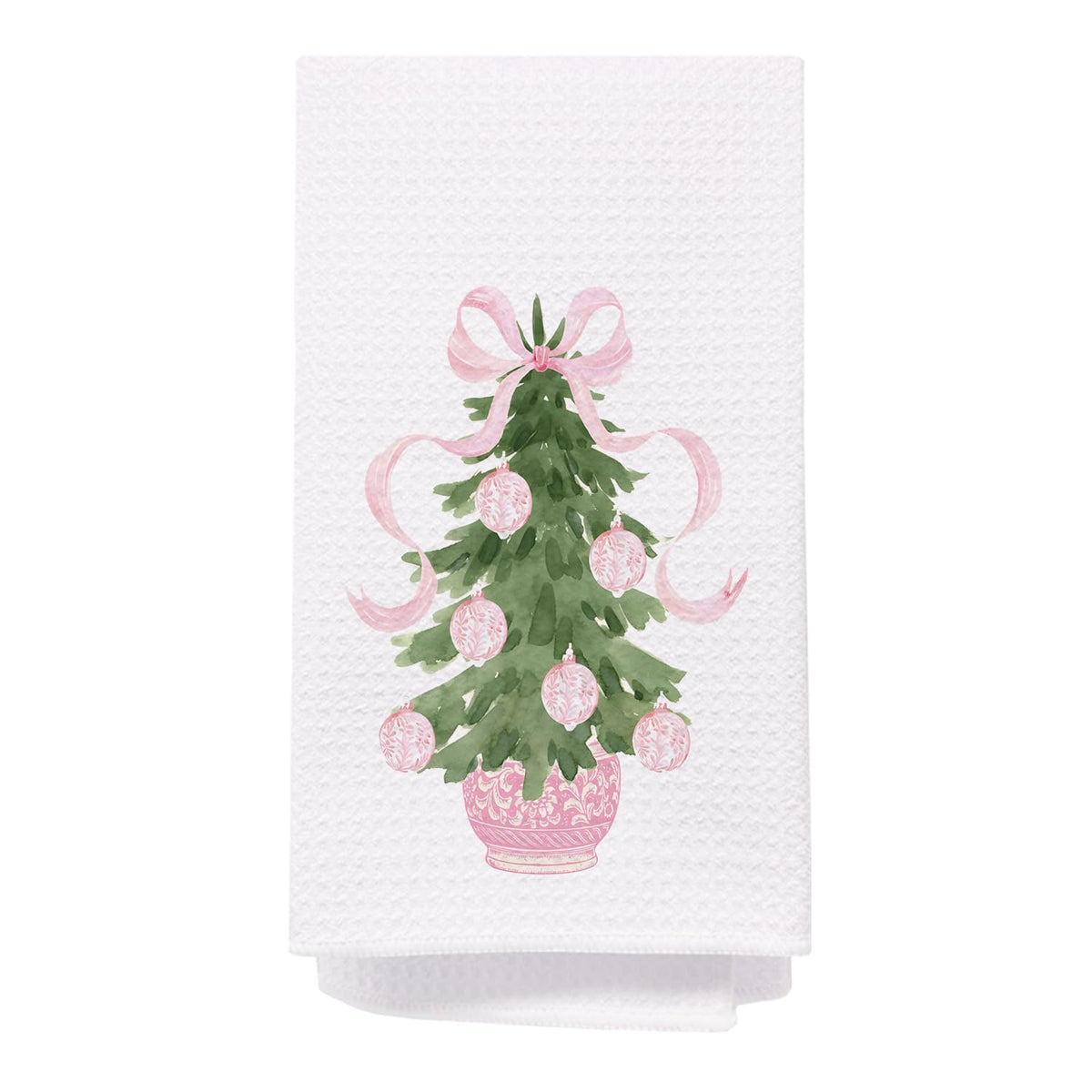 SPBL&L Chinoiserie Christmas Kitchen Towels Pink Bow Tree 16x24 Inch Set of 2