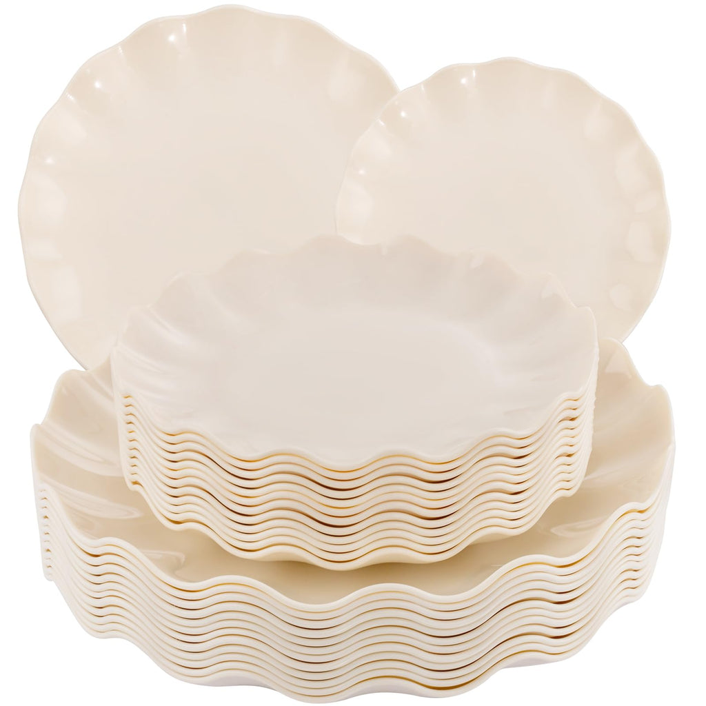 LIYH 24 Pcs Plastic Plates Reusable Scalloped Beige BPA Free 12 Guests