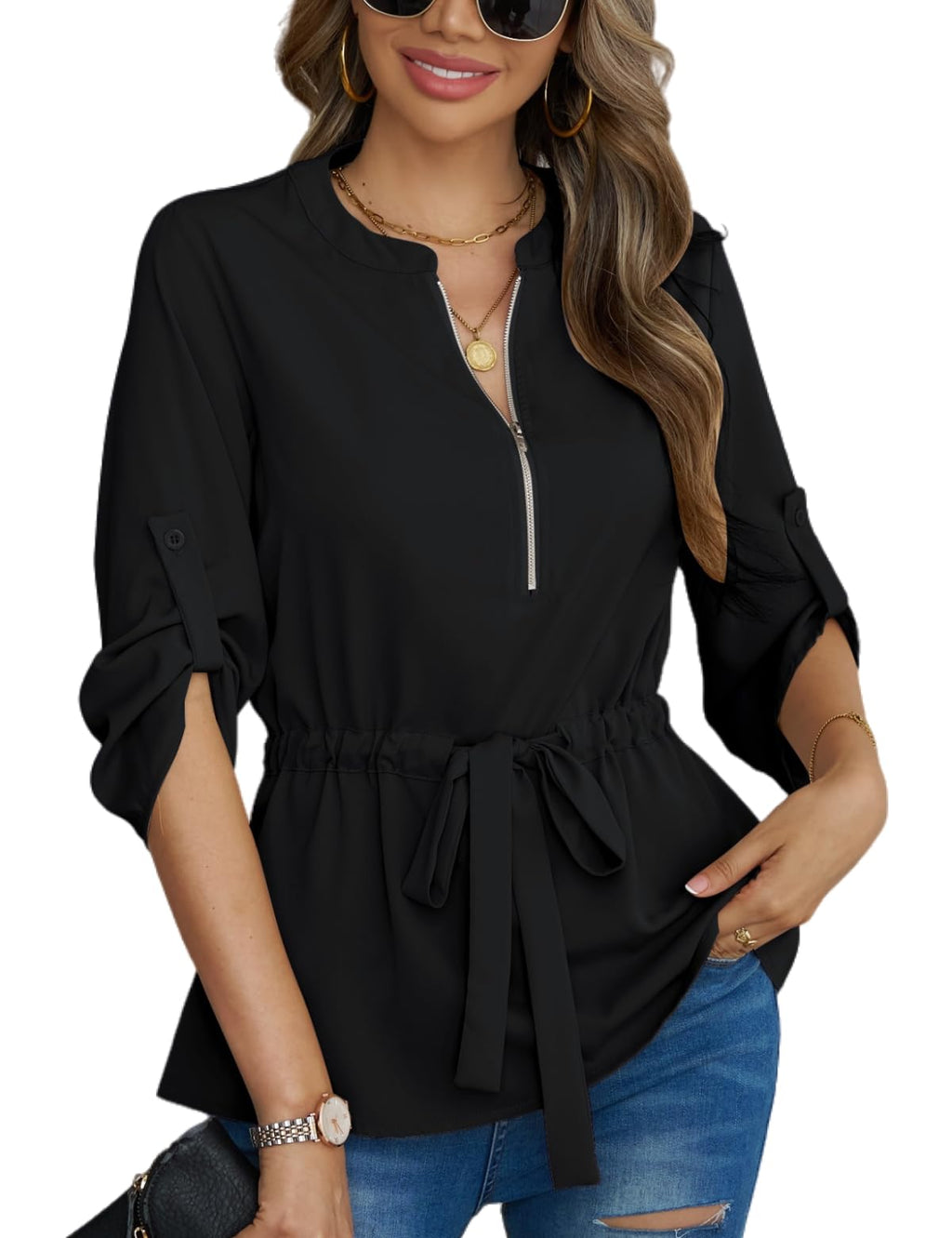 CiCiBird Womens Dressy 3/4 Sleeve Zip Peplum Blouse Black Size S