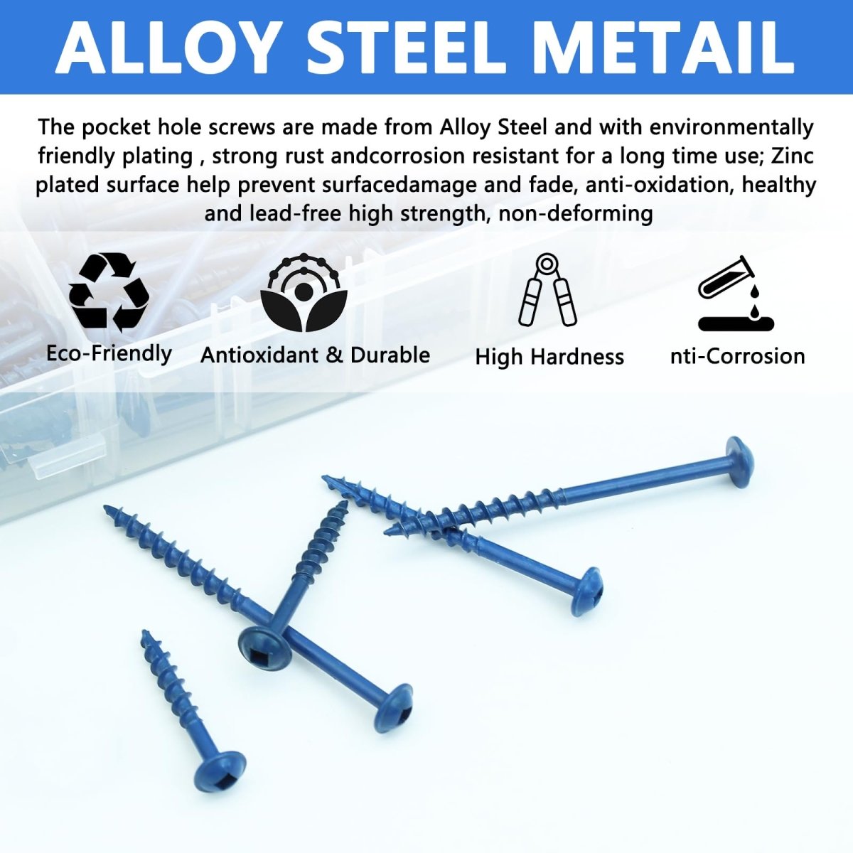 680 PCS Pocket Hole Screws Assortment Kit, 5 Sizes #8 x 1, 1-1/4", 1-1/2", 2", 2-1/2",Square Drive Self Tapping Coarse Thread Wood Screws Set, Blue Coated and Zinc Coated, Drive Bit Included
