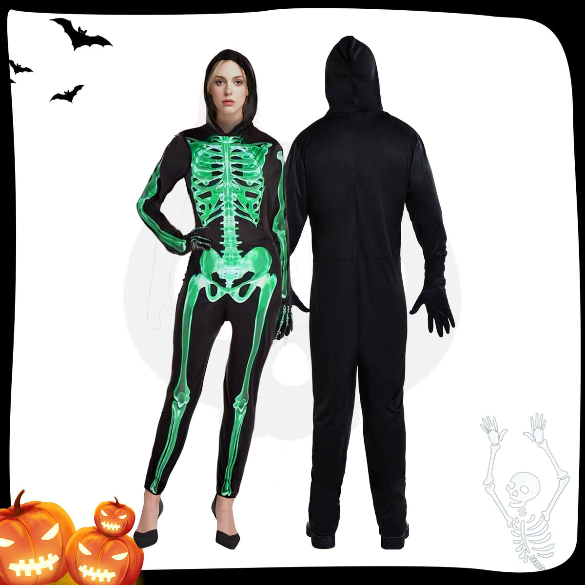XXLOG Glow in the Dark Skeleton Costume Hooded Jumpsuit Halloween Cosplay Adult