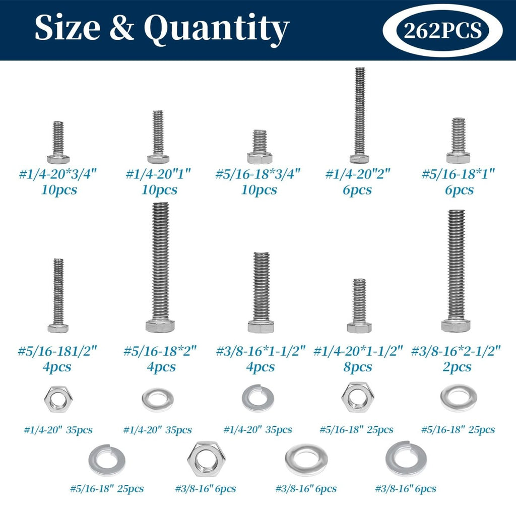 Stainless Steel Bolts and Nuts Assortment Kit 304 A2 Hex Head with Flat Lock Washers