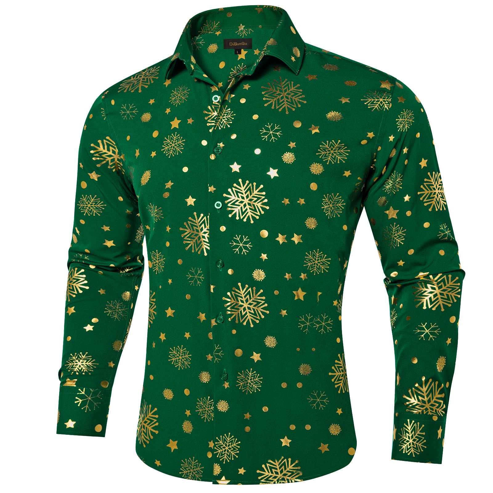 DiBanGu Mens Christmas Long Sleeve Button Down Shirt Green Gold Snowflake Size S