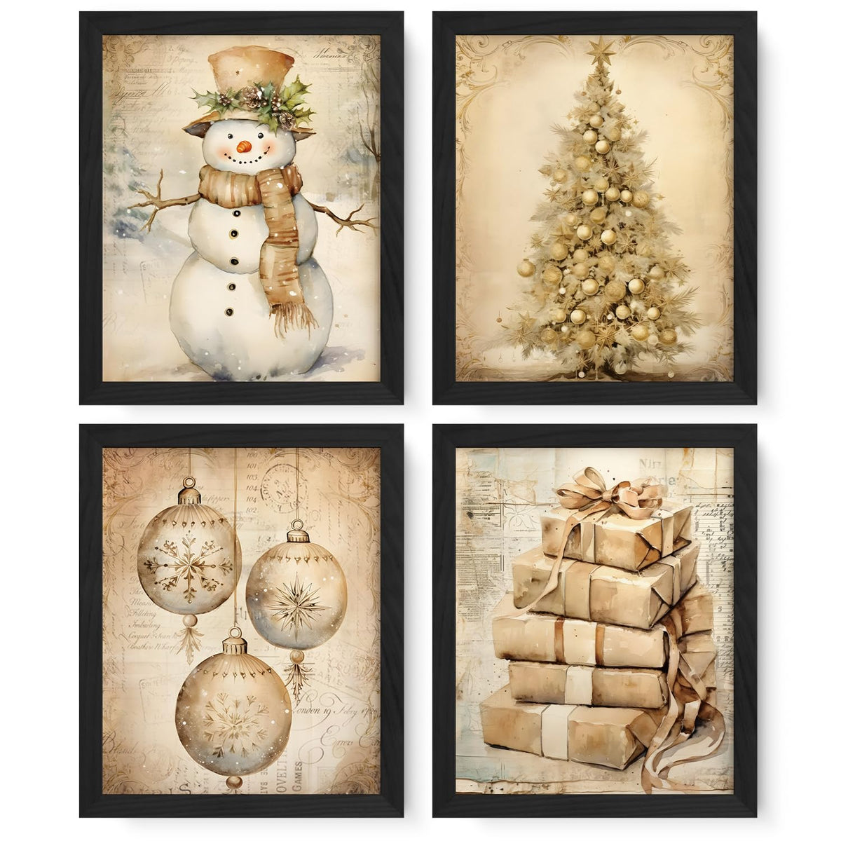 JXREQ Vintage Christmas Wall Art Prints 8x10 Snowman Tree Set of 4 Unframed