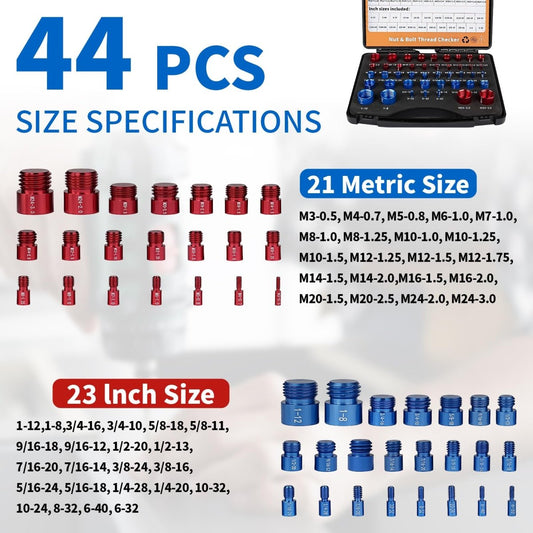 Nut and Bolt Thread Checker Standard and Metric, 44 Male/Female Bolt Size Finder Thread Gauge (23 Standard & 21 Metric), for Bolt and Nut Size Chart in Narrow Areas