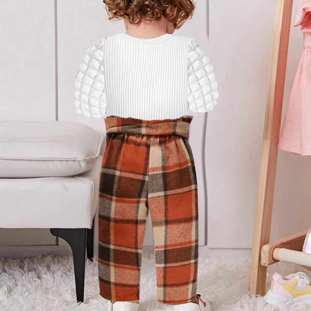 TITKKOP Toddler Baby Girl Ribbed Top Plaid Pants Belt Set Orange Grid Size 4-5T