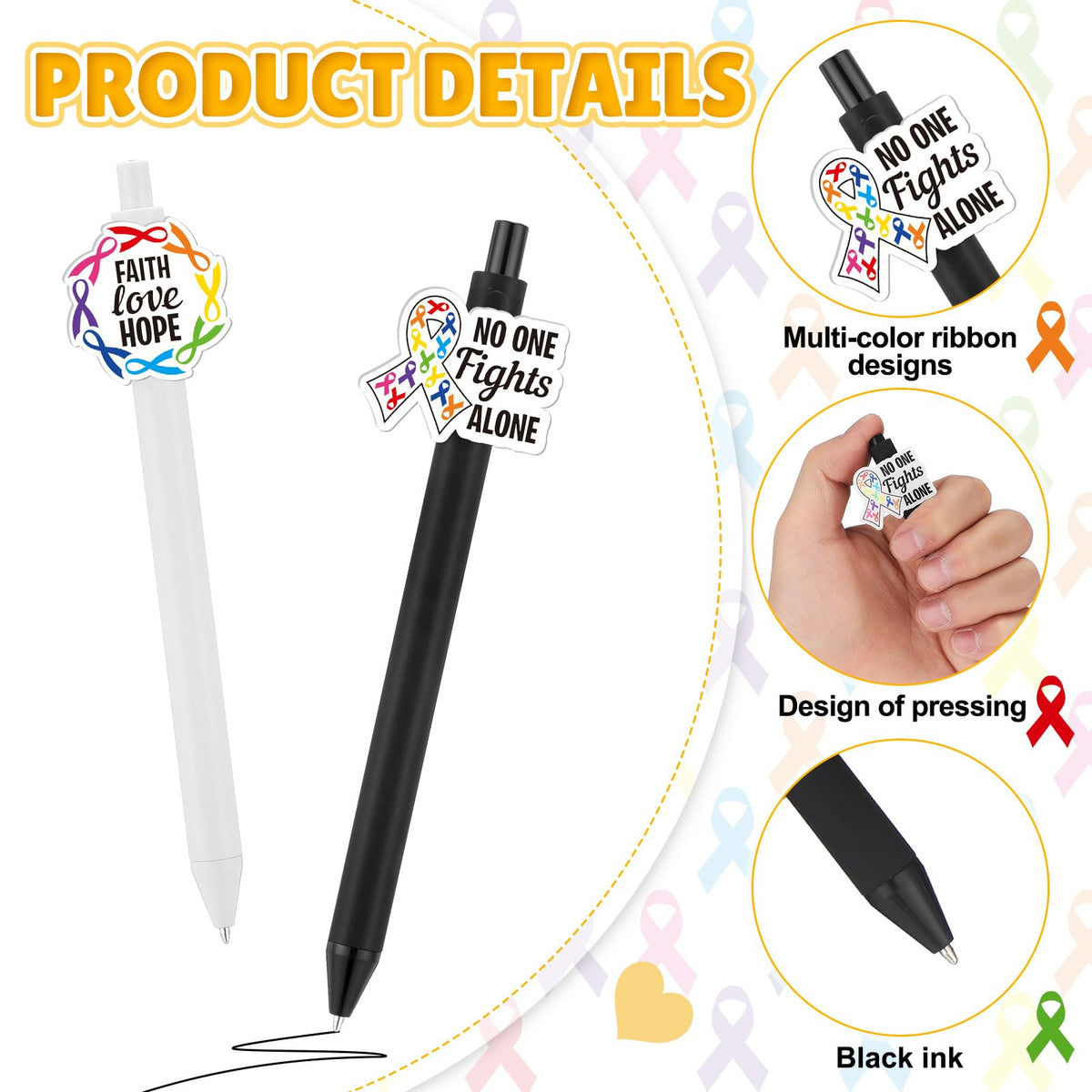 Epakh 24 Pcs Cancer Awareness Ribbon Ballpoint Pens Black Ink White Black