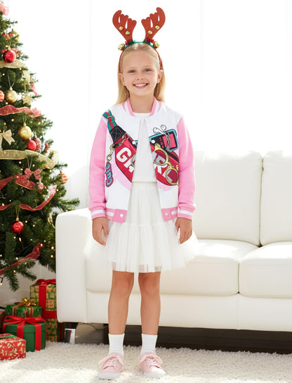PATPAT Girls Varsity Baseball Jacket Pale Pink Bomber Coat Size 7-8