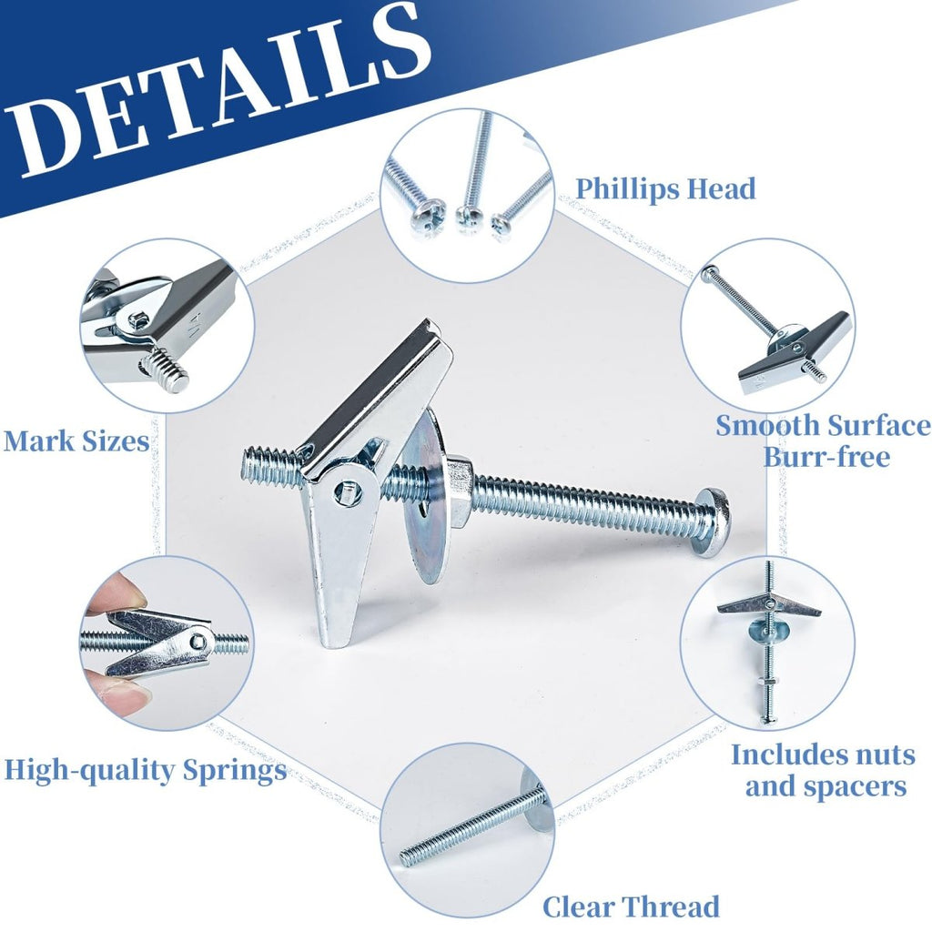 Toggle Bolts & Wing Nut Kit 50 Sets – 1/8", 3/16", 1/4" Drywall Anchors for Wall Mounting