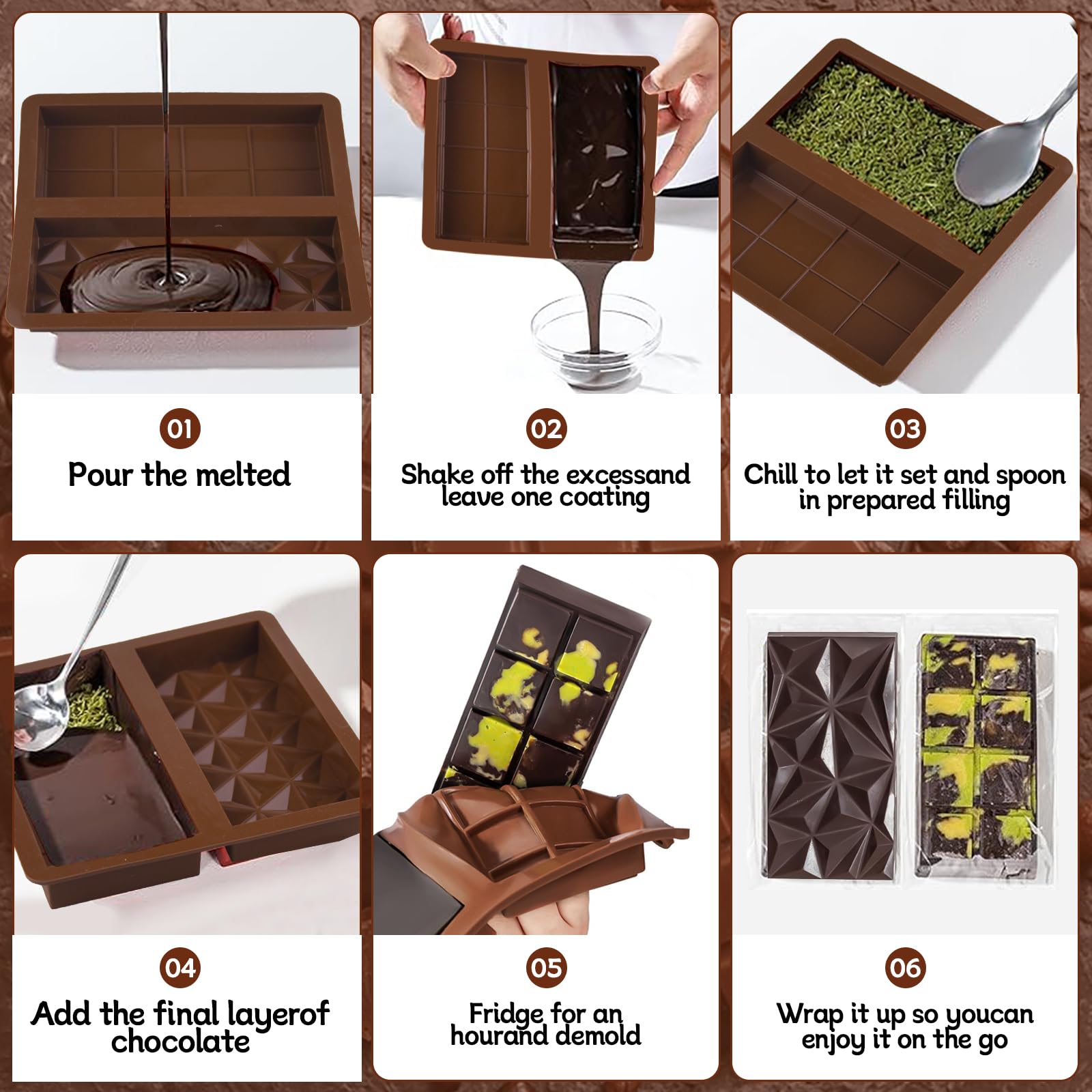 BMSQOFD Silicone Chocolate Bar Molds 2 Pack 1in Deep Brown Dubai Pistachio