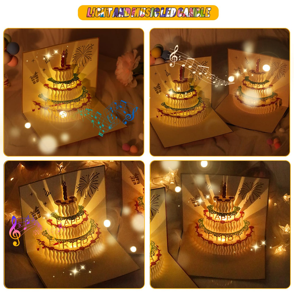 CANREVEL 3D PopUp LED Light Birthday Card Gold Candle Music Greeting