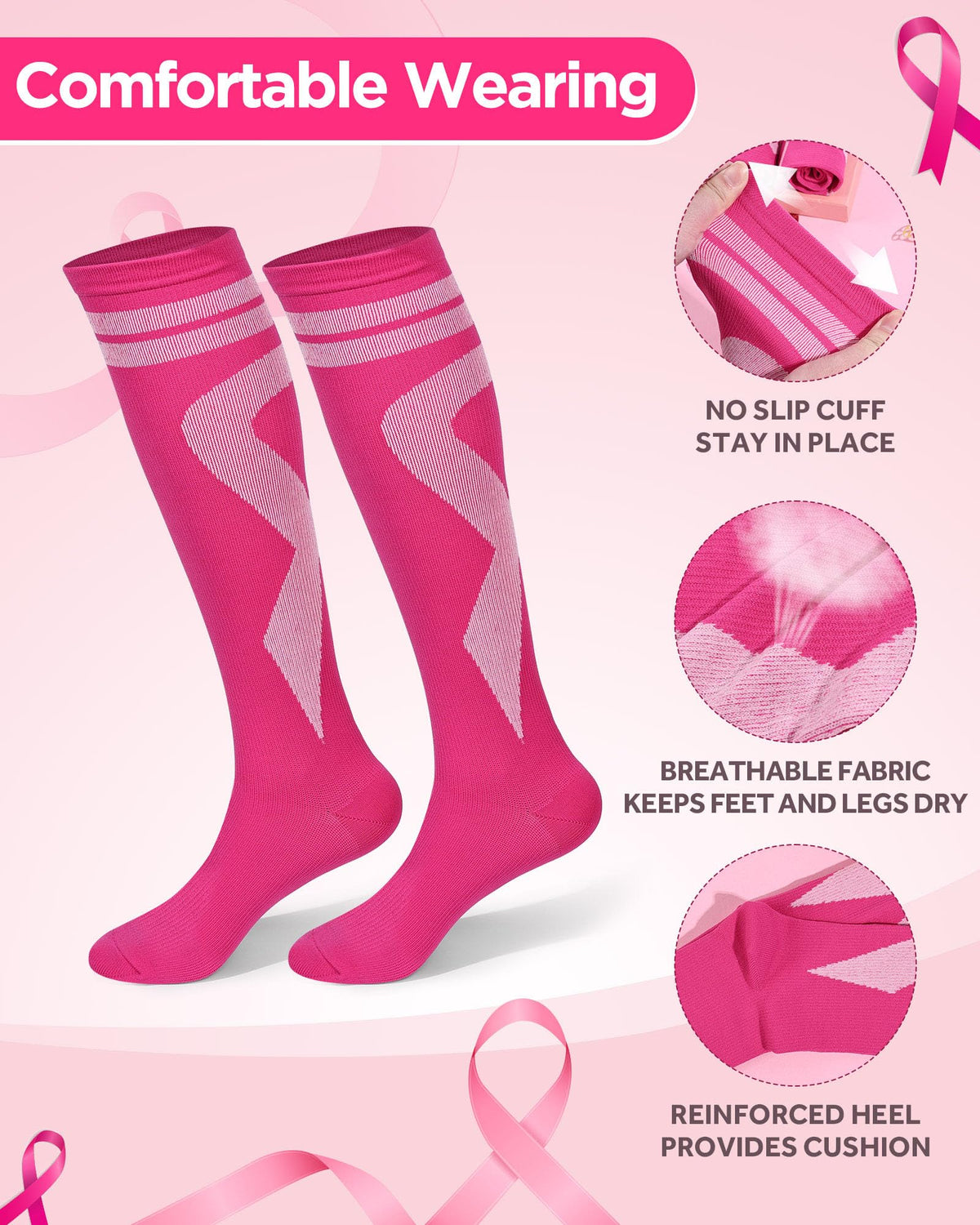 Subesty 2 Pairs Breast Cancer Awareness Compression Socks Pink Ribbon Size S/M