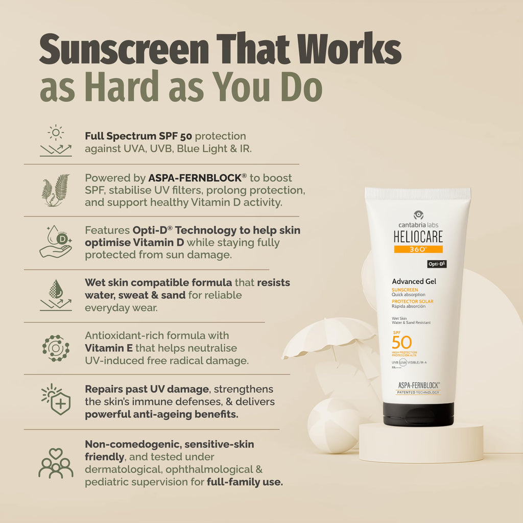 Heliocare Advanced Gel SPF 50 Sunscreen - Natural, Antioxidant, Non-Greasy Face Protection for All Skin Types