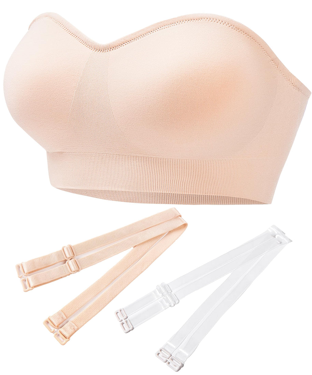 PRETTYWELL Strapless Padded Bandeau Bra Wireless Seamless Beige Size M