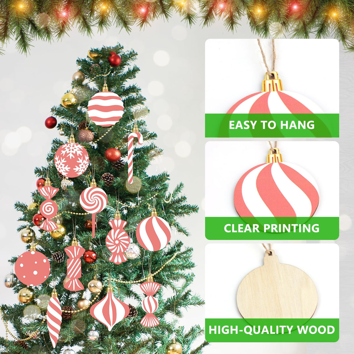 Arosche Christmas Candyland Tree Decorations 24Pcs Pink Wooden Ornaments