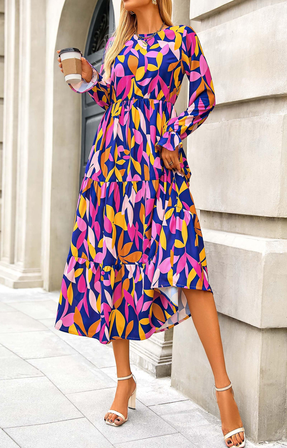 KIRUNDO Womens Long Sleeve Boho Floral Midi Dress Blue Purple Size M