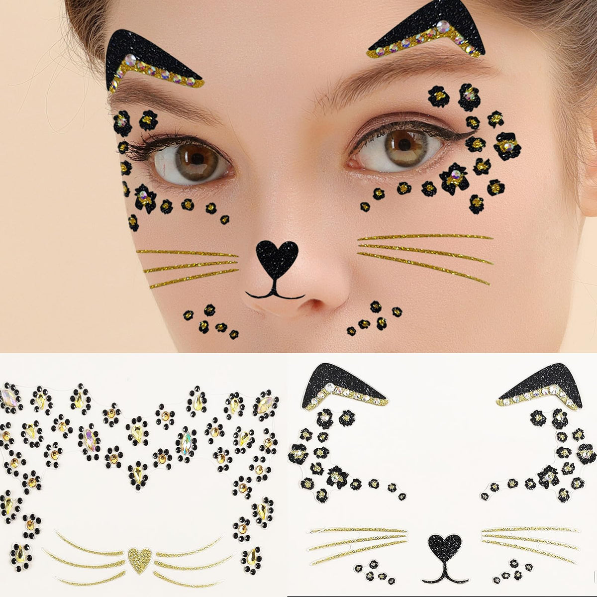 eyigylyo Cat Face Gems Black Cat Temporary Tattoo Halloween Festival Rave