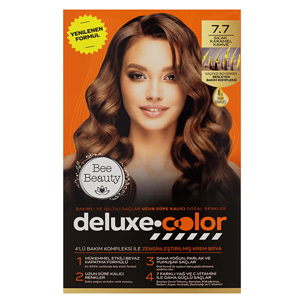 Bee Beauty Deluxe Color Kit - Nourishing Hair Dye for Long-Lasting Vibrant Color, 7.7 Warm Caramel Coffee