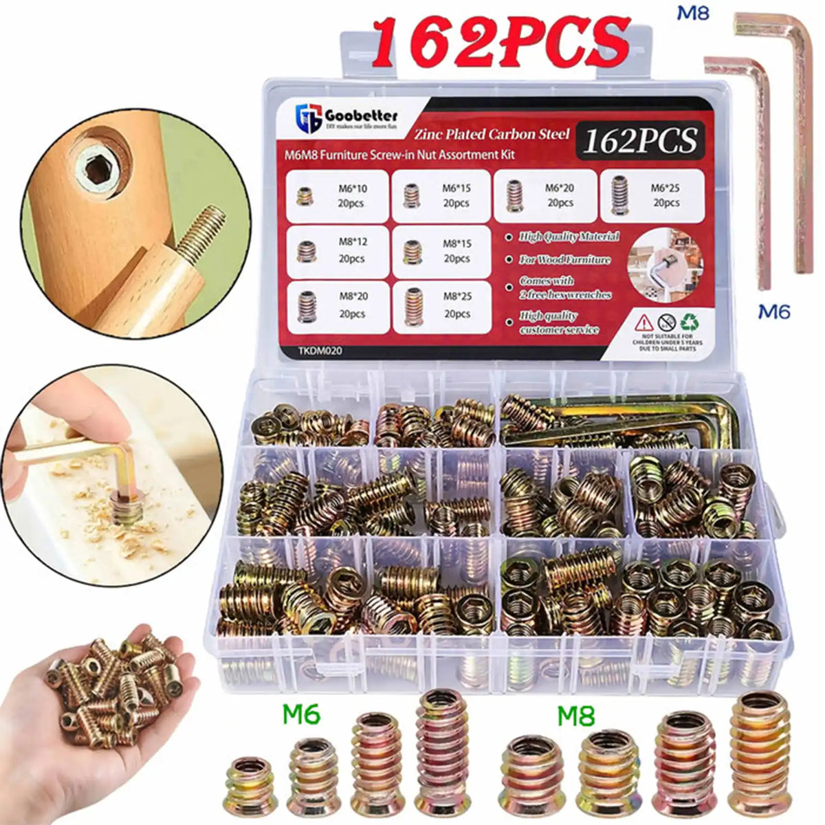 162Pcs Threaded Wood Inserts Kit - Carbon Steel Zinc Plated Furniture Nuts